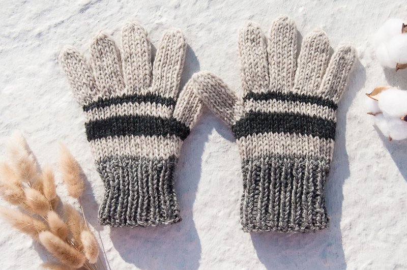 手织羊毛针织手套/针织纯羊毛保暖手套/全趾手套-简约条纹米灰色 - 手套 - 羊毛 灰色
