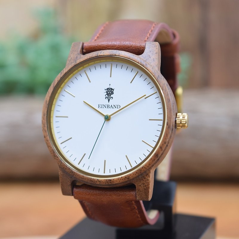 EINBAND Glanz WHITE 40mm Wooden Watch Brown Leather Belt - 男表/中性表 - 木头 咖啡色