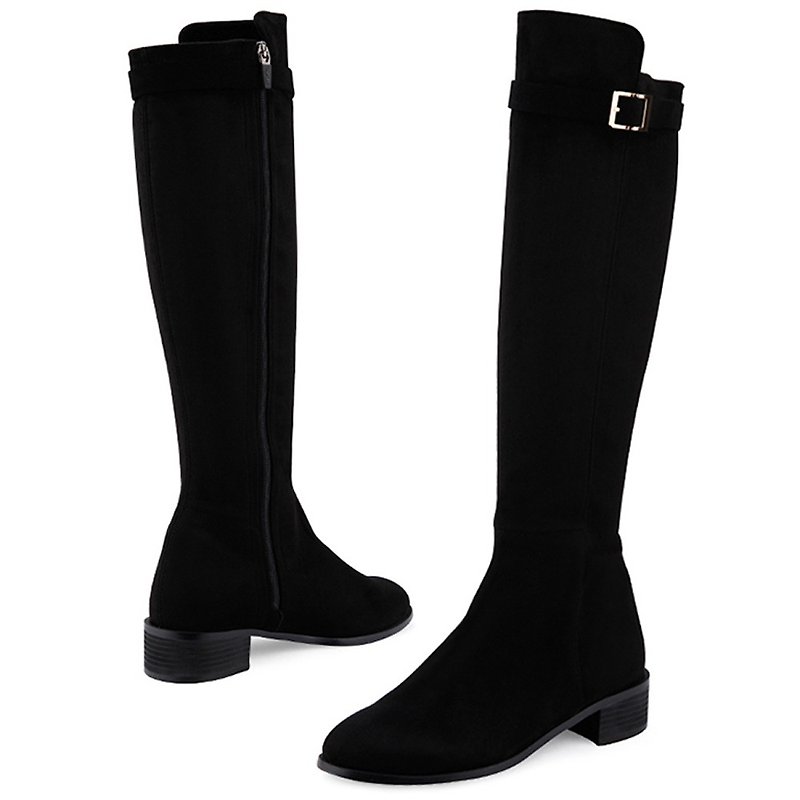 预订 - SPUR 皮带扣弹力麂皮长靴 JF9085 BLACK - 女款长靴 - 其他人造纤维 黑色