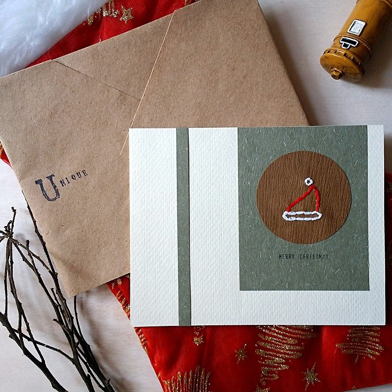 手缝图像圣诞卡(圣诞帽)(原稿) - 卡片/明信片 - 纸 多色