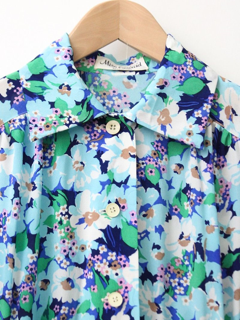 【RE0614D1289】初夏日本制复古甜美水蓝满版花朵短袖古着洋装 - 洋装/连衣裙 - 聚酯纤维 蓝色