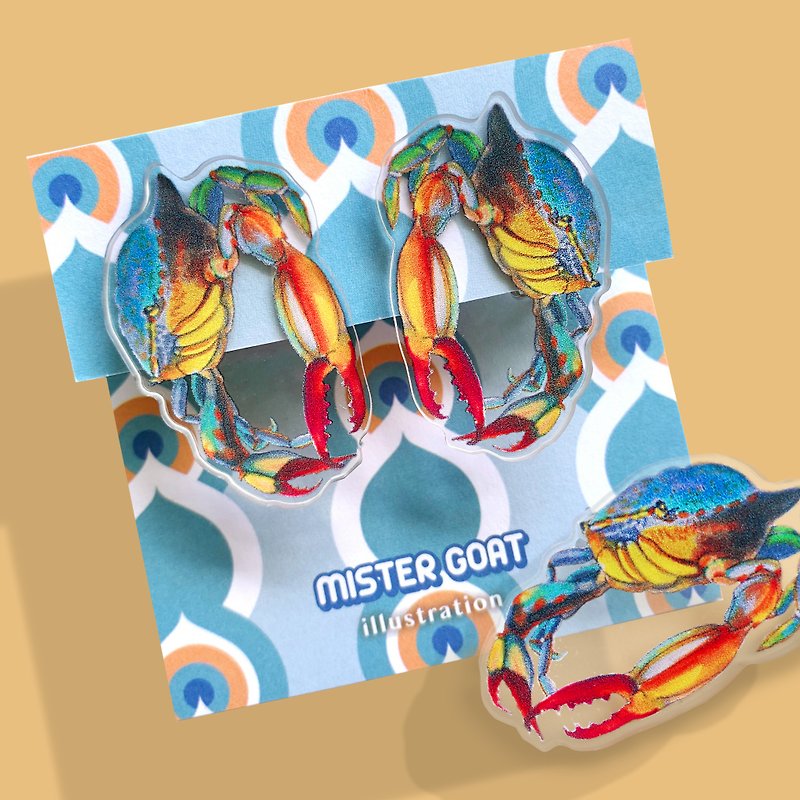 螃蟹圈圈耳环 - 耳环/耳夹 - 压克力 蓝色