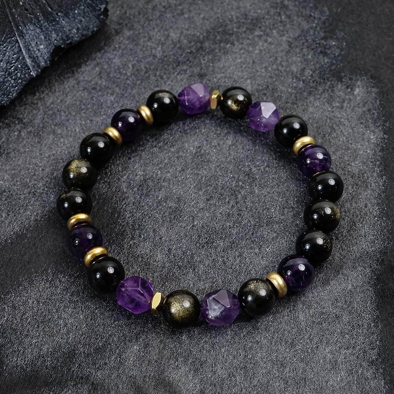 紫气东来 | B10紫水晶黑曜石水晶手链 - 手链/手环 - 宝石 紫色