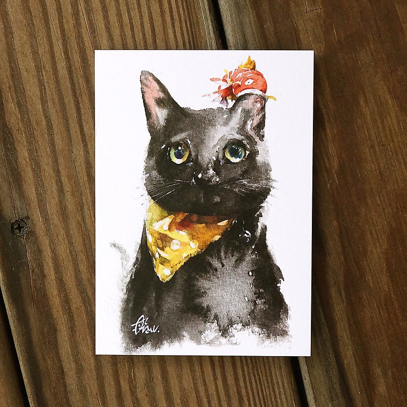 水彩绘毛孩系列明信片 - 吃猫的鱼 - 卡片/明信片 - 纸 黑色