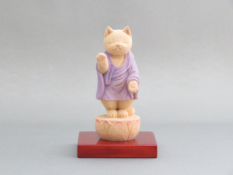 木彫り　立ち袈裟を着た阿弥陀猫　猫仏1932 - 玩偶/公仔 - 木头 粉红色