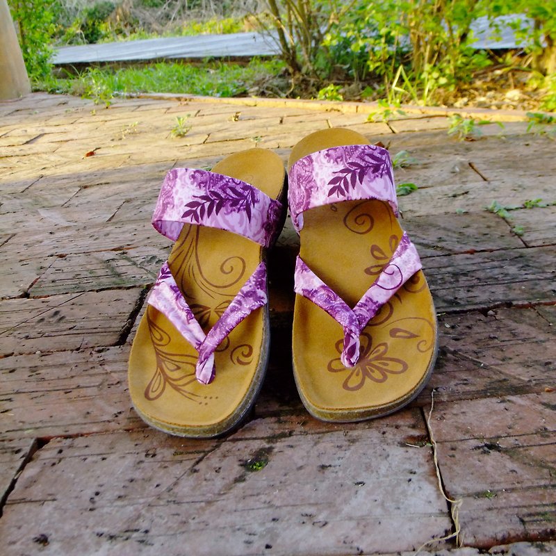 【京都の风景 紫罗兰】日式舒活/弹力莱卡布料  真皮软木气垫鞋 - 男女凉鞋 - 真皮 紫色