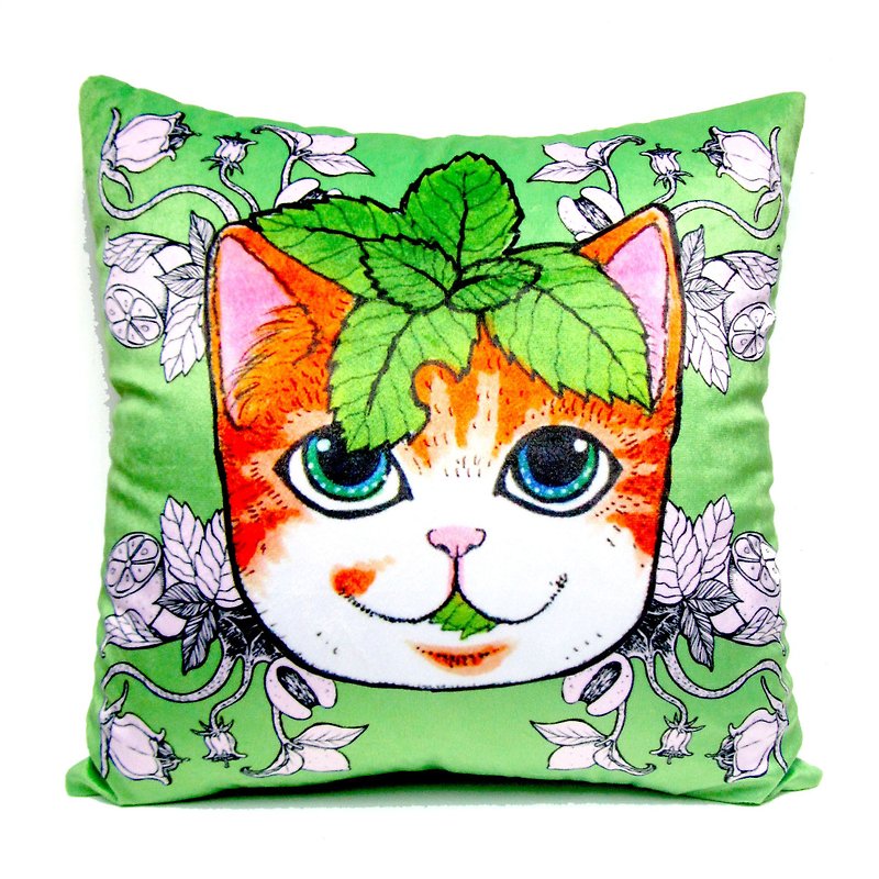 GOOKASO 绿色 薄荷叶猫咪头像抱枕CUSHION 枕套 枕芯 套装 可拆洗 - 枕头/抱枕 - 聚酯纤维 绿色