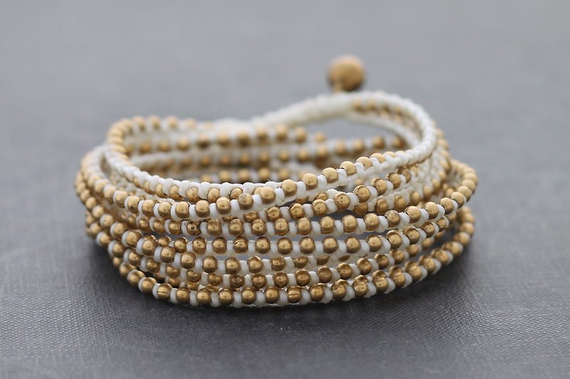 白色编织手镯串珠缠绕黄铜脚镯 - 手链/手环 - 棉．麻 白色