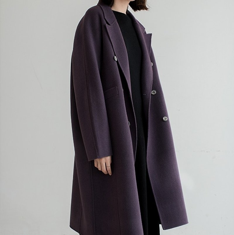 复古黛紫色 Violet Hill 100%定染色羊毛手工双排扣宽松廓形大衣 - 女装休闲/机能外套 - 羊毛 紫色