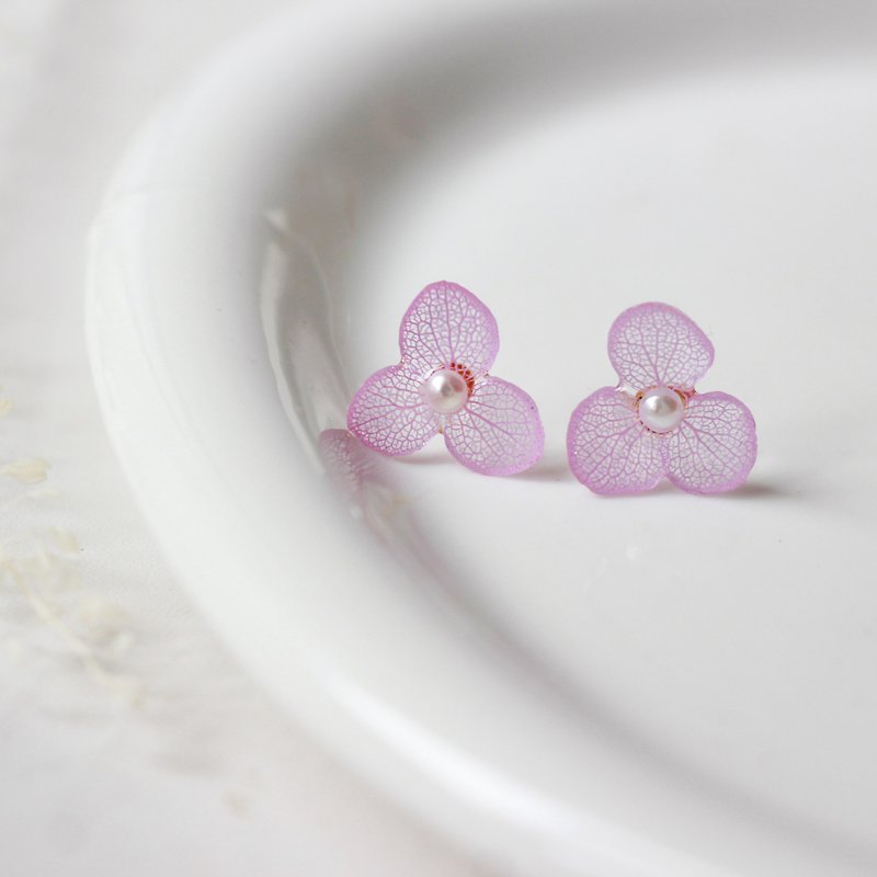 叶脉系列  紫色永生绣球花珍珠耳环 - 耳环/耳夹 - 植物．花 紫色