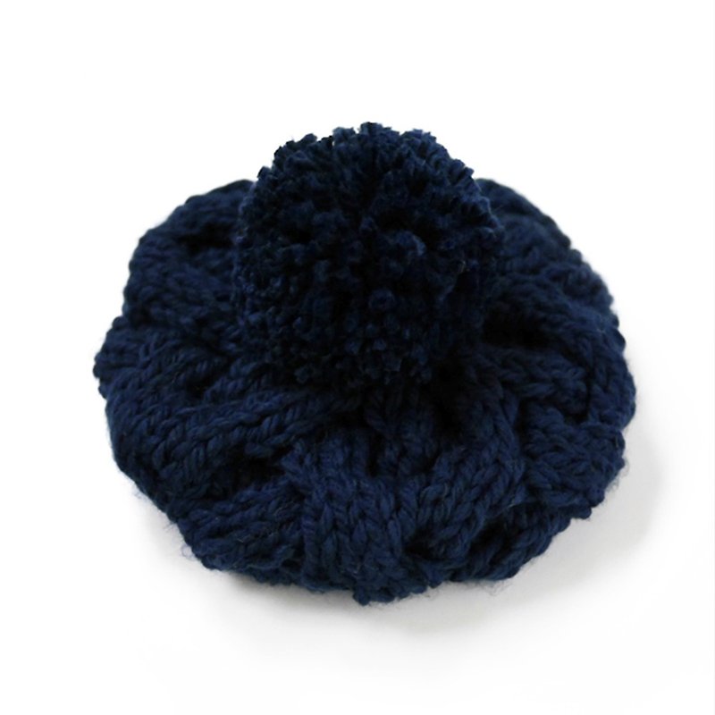 粗针麻花可拆毛球针织毛线贝蕾帽-蓝 - 帽子 - 羊毛 蓝色