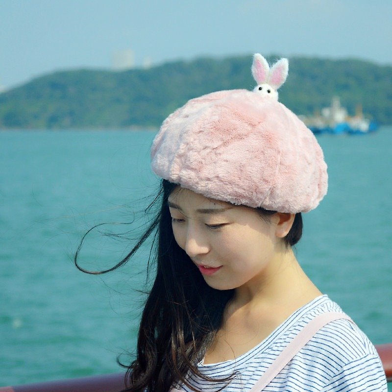 粉嫩毛茸茸贝雷帽 甜美可爱小兔子画家帽 礼物 - 帽子 - 棉．麻 粉红色