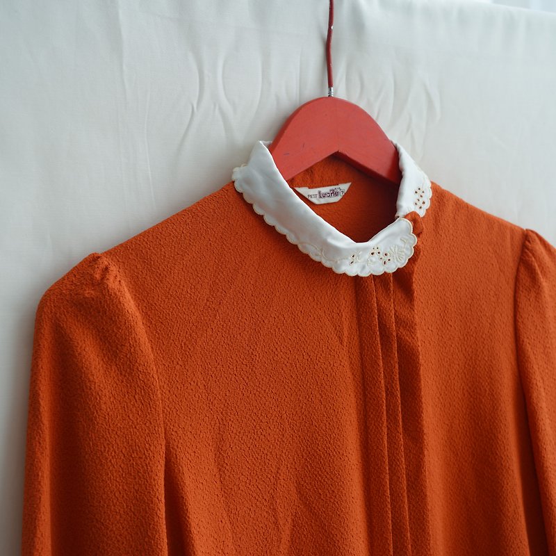 绣花领橘色 古着长袖衬衫 复古 - 女装衬衫 - 其他材质 橘色