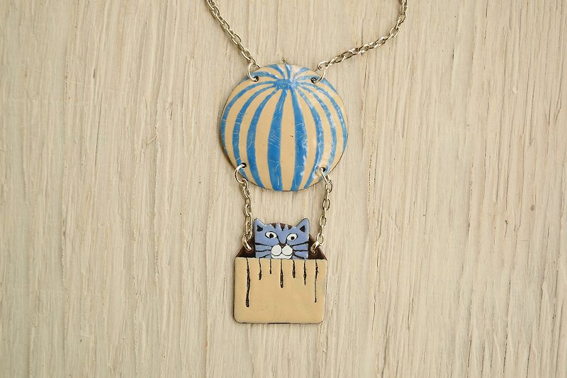 Enamel Necklace, Cat Necklace, Cat Pendant, Air Balloon, Cat With Air Balloon - 项链 - 珐琅 蓝色
