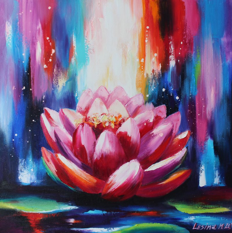 Lotus Oil Painting Lotus Original Art Pink Flower Artwork Buddhism Painting - 墙贴/壁贴 - 其他材质 粉红色