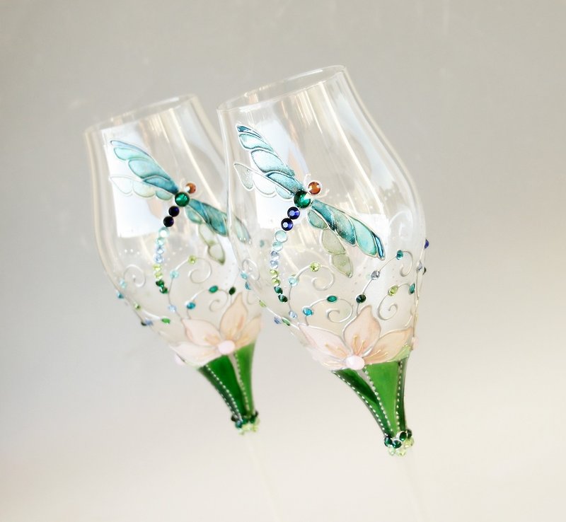 Dragonfly Wine Glasses Champagne Flutes Wedding Glasses Hand painted Set of 2 - 酒杯/酒器 - 玻璃 多色