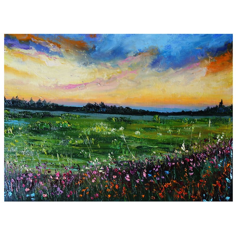 Wildflower Oil Painting Original Art Landscape Artwork Sunset Canvas Art Impasto - 海报/装饰画/版画 - 颜料 多色