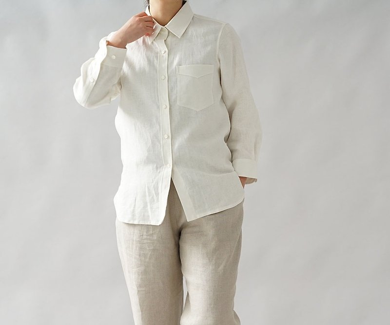 【wafu+】中厚 リネン 本格 premium シャツ 長袖シャツ シンプル 白シャツ/ホワイト t032a-wht2 - 女装上衣 - 棉．麻 白色