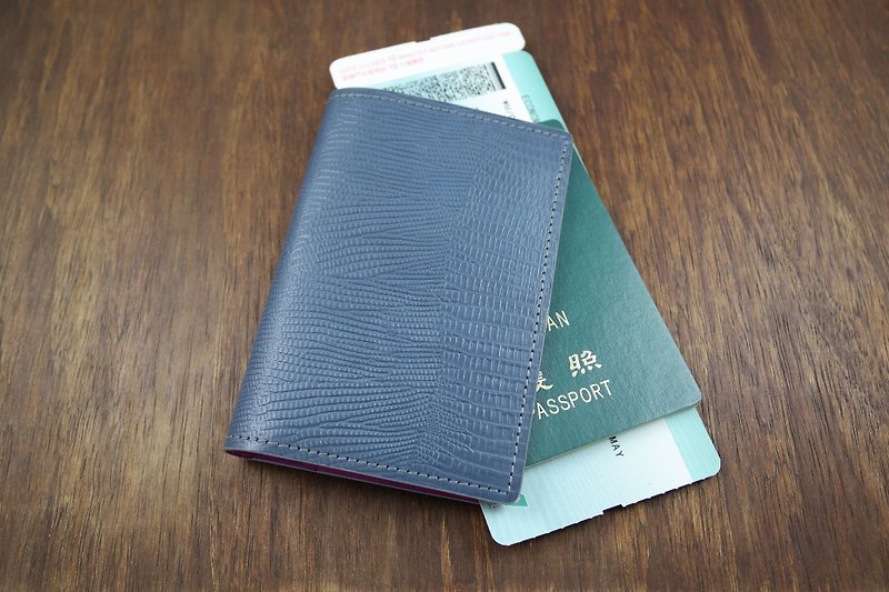 APEE皮手工~护照夹~蜥蜴皮纹蓝灰+桃红 - 护照夹/护照套 - 真皮 银色