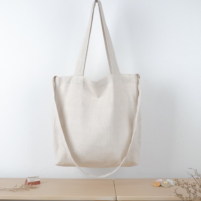 Beige Linen Tote Bag (2 Way Tote) - 侧背包/斜挎包 - 亚麻 白色