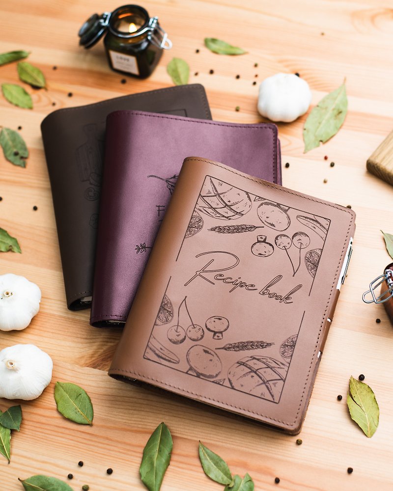 皮革食谱书 个性化烹饪书 食谱日记本 食谱礼物 - 笔记本/手帐 - 木头 多色