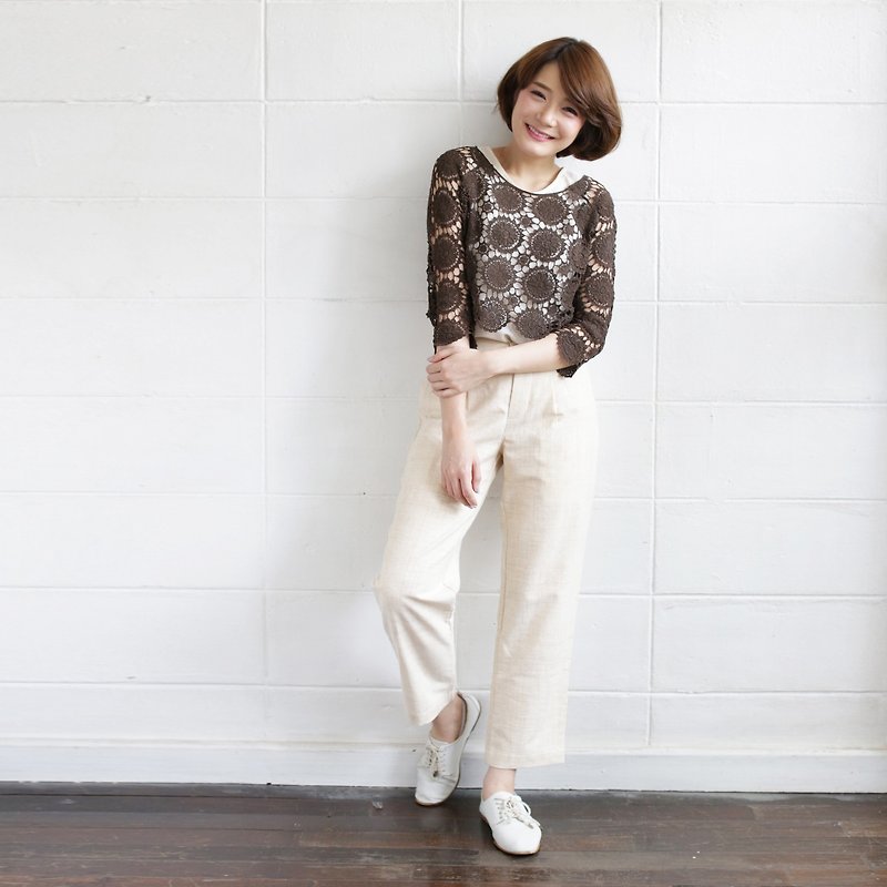 Brown Lace Tops Long Sleeve Cotton Sunflower - 女装上衣 - 棉．麻 咖啡色
