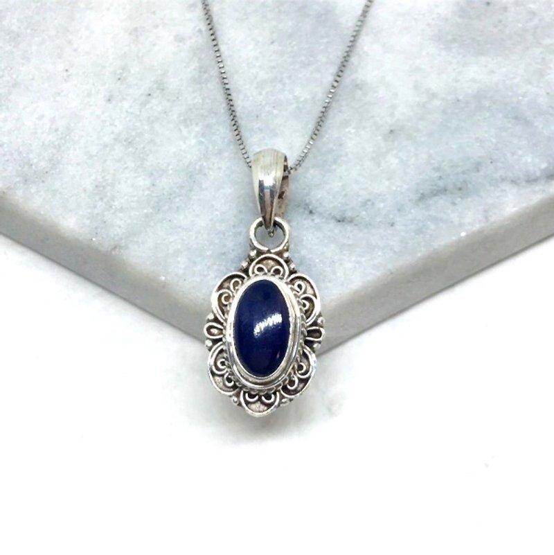 舒俱徕石925纯银古典设计项链 尼泊尔手工镶嵌制作(款式2) - 项链 - 宝石 蓝色