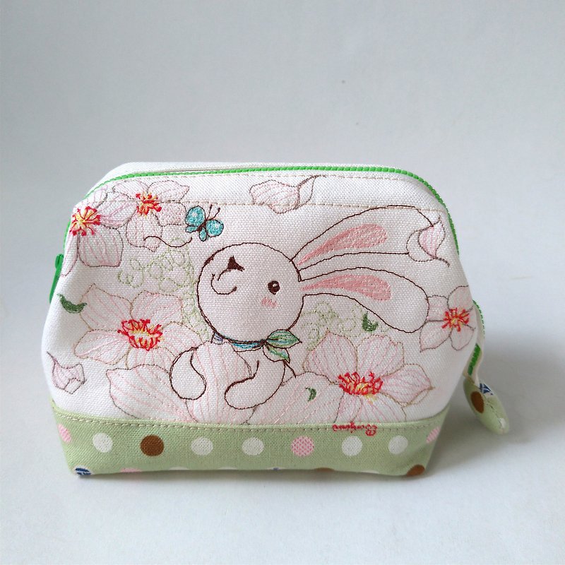 春暖-小兔支架口金收纳包、化妆包  、收纳盒 - 化妆包/杂物包 - 棉．麻 绿色