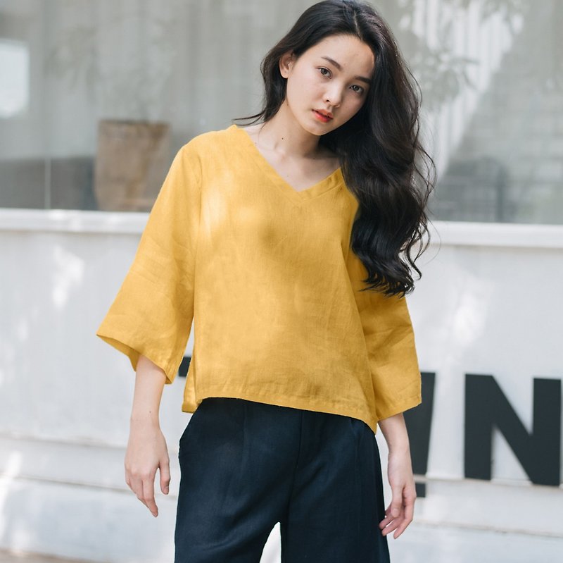 V-Neck Linen Shirt - Yellow Mustard - 女装上衣 - 亚麻 黄色