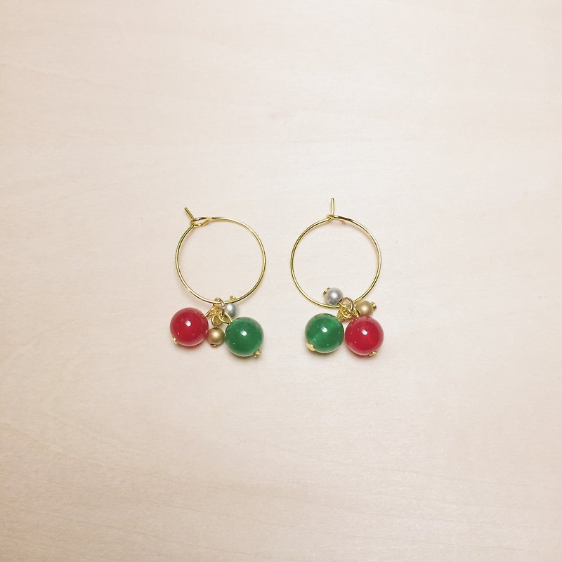 复古圣诞红绿玉石金银小珠耳圈 - 耳环/耳夹 - 玉石 绿色