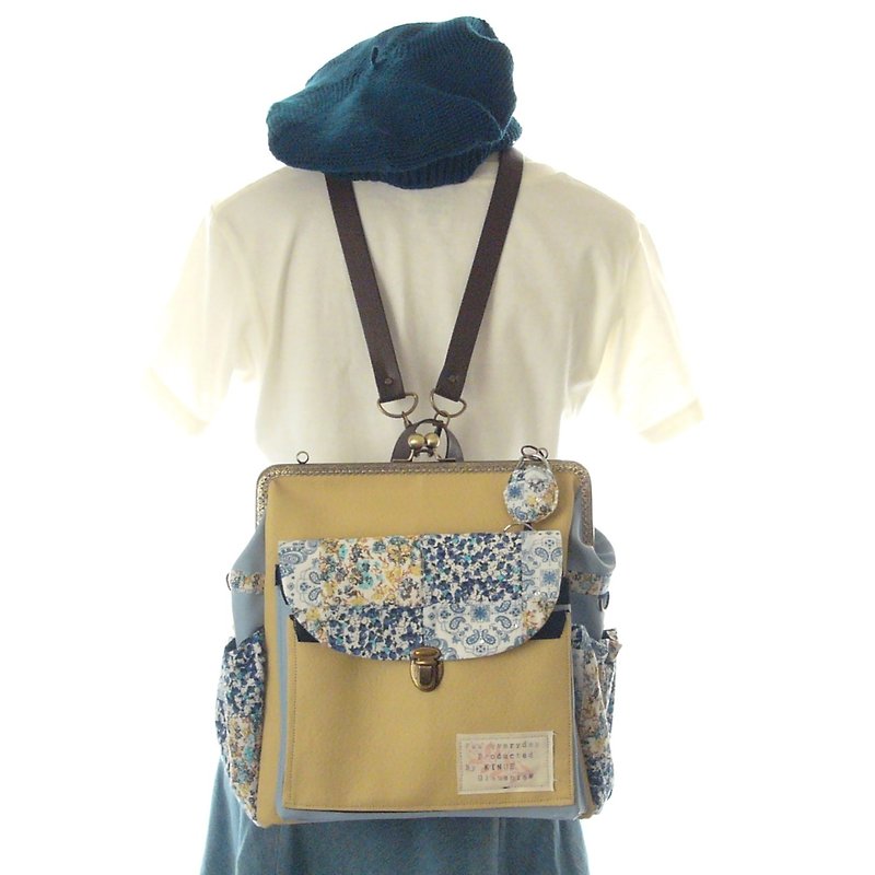 Sakura dance 3 WAY Right side with zipper Round cell Backpack　Yellow  and blue f - 后背包/双肩包 - 真皮 蓝色