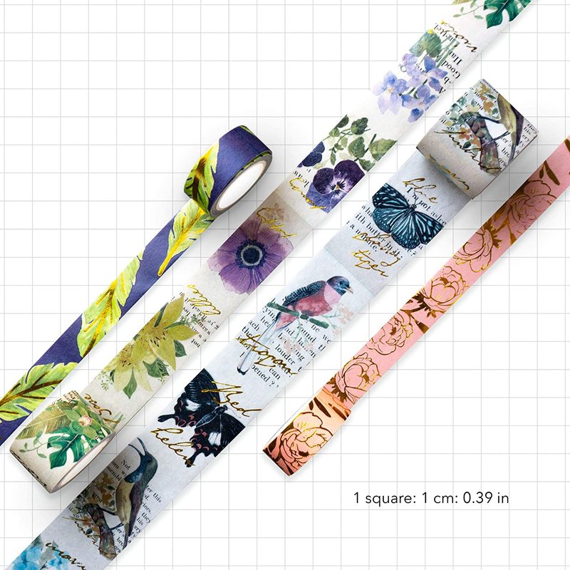 Vintage Spring Botanical, Bird, Butterfly Gold Foil Washi Tapes (Set of 4 rolls) - 纸胶带 - 纸 多色