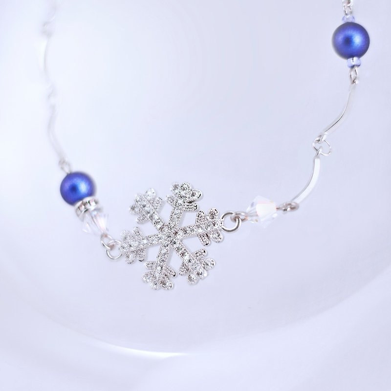 【初雪】不对称水晶珍珠雪花手链母亲节礼物 - 手链/手环 - 珍珠 银色