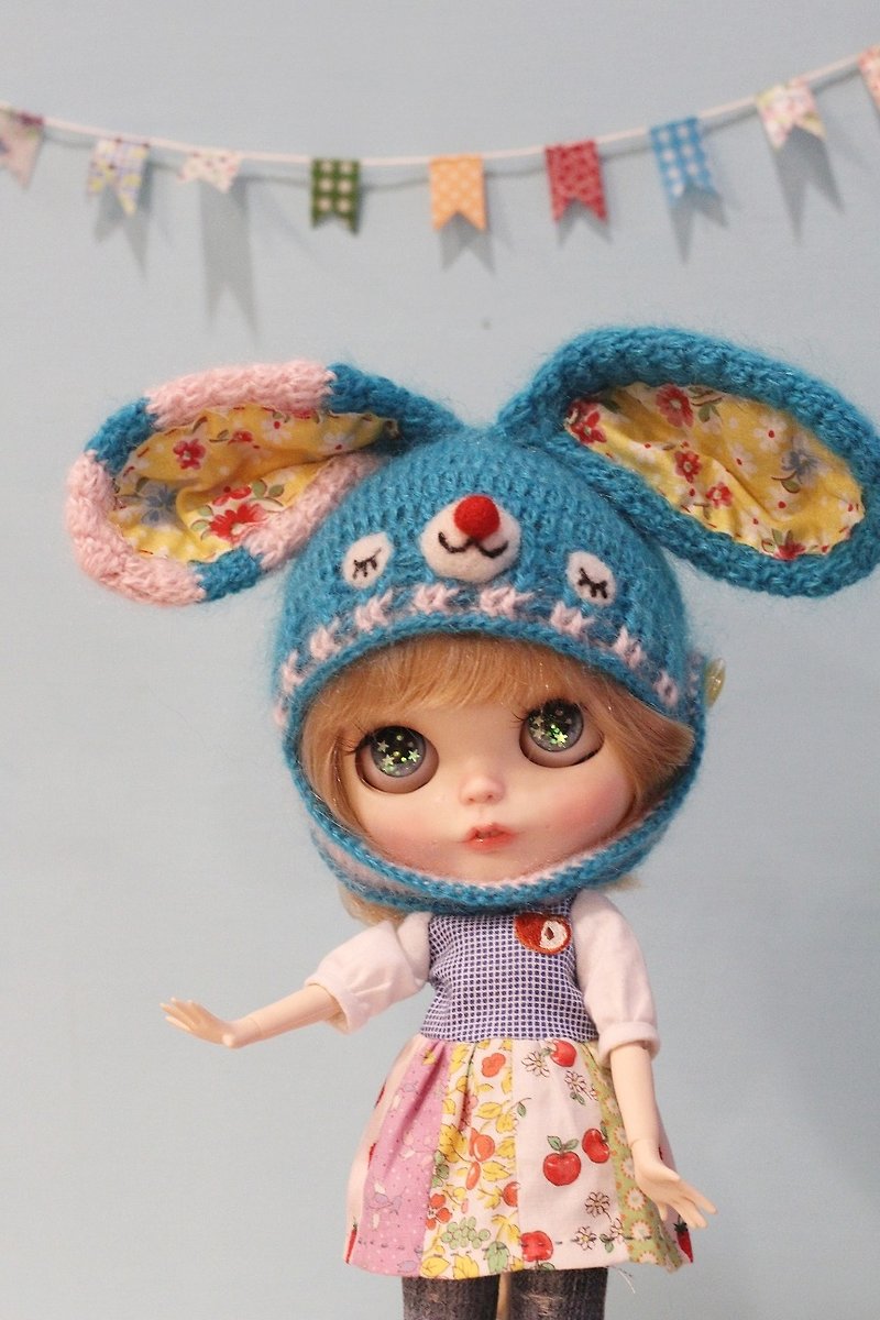 Blythe大布尺寸手工编织mix布作蓝色兔子帽 - 帽子 - 羊毛 蓝色
