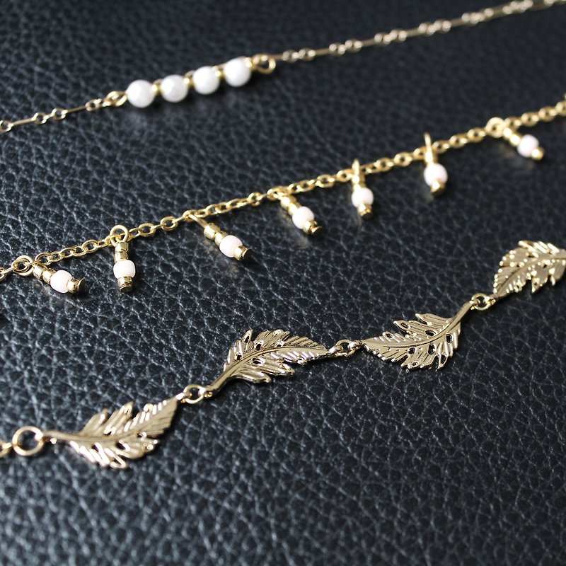 [日日Daily] 珍珠叶子与粉珠的三件项链组 - 项链 - 其他金属 金色