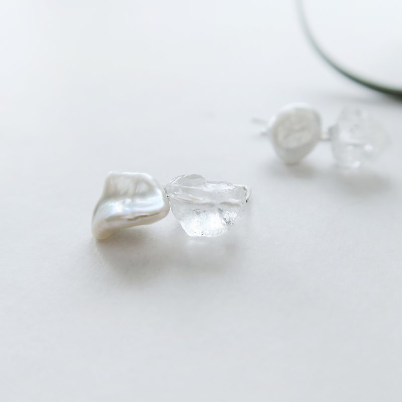 925纯银 淡水珍珠 白水晶原矿 L型 耳针 耳环或耳夹  一对 - 耳环/耳夹 - 纯银 白色