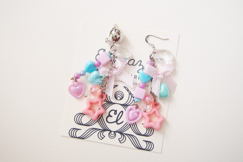 Pastel bead earrings with pink bows - 耳环/耳夹 - 其他材质 粉红色