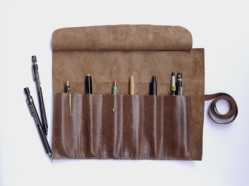 咖啡色皮革笔卷 - 铅笔盒/笔袋 - 真皮 咖啡色