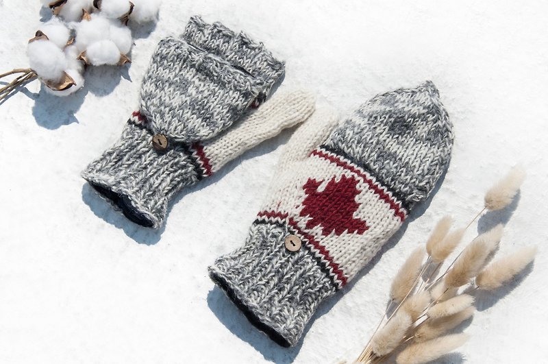 手织纯羊毛针织手套/可拆卸手套/内刷毛手套/保暖手套-加拿大枫叶 - 手套 - 羊毛 多色