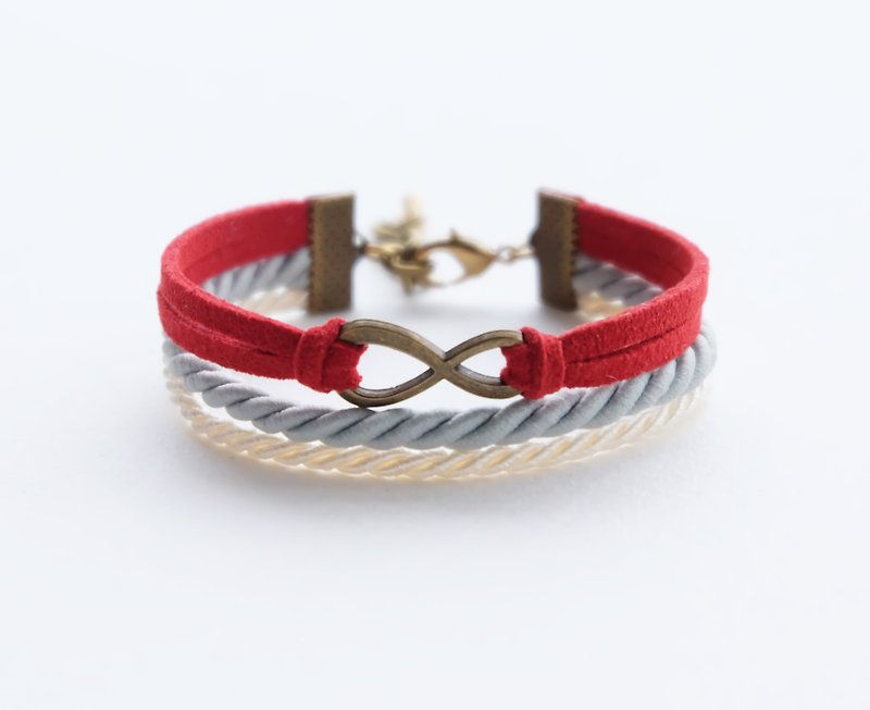 Brass infinity in Red suede Matte ash and Cream rope - 手链/手环 - 其他材质 红色