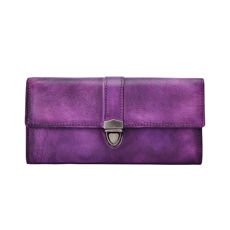 女士牛皮长夹 真皮擦色手工钱包 手拿包 卡片收纳包 橙红色 紫色 - 手拿包 - 真皮 紫色