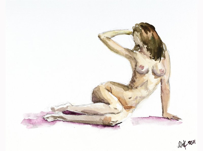 Woman Boobs Painting Nude Female Figure Watercolor Erotic Original Art Sexy Girl - 海报/装饰画/版画 - 纸 咖啡色