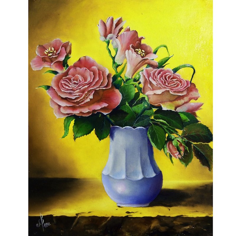 原始油画粉红色玫瑰在花瓶画在画布上花卉墙艺术 - 海报/装饰画/版画 - 其他材质 黄色