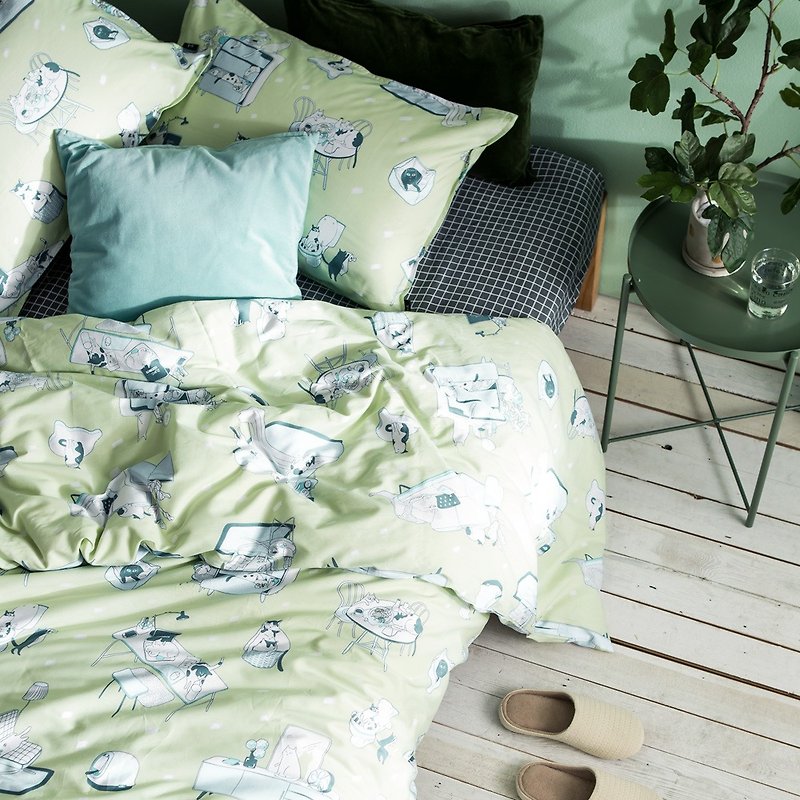 寓宅喵  單人雙人床單/床包 手繪貓咪40支純棉床品 枕套被套另購 - 寝具 - 棉．麻 绿色