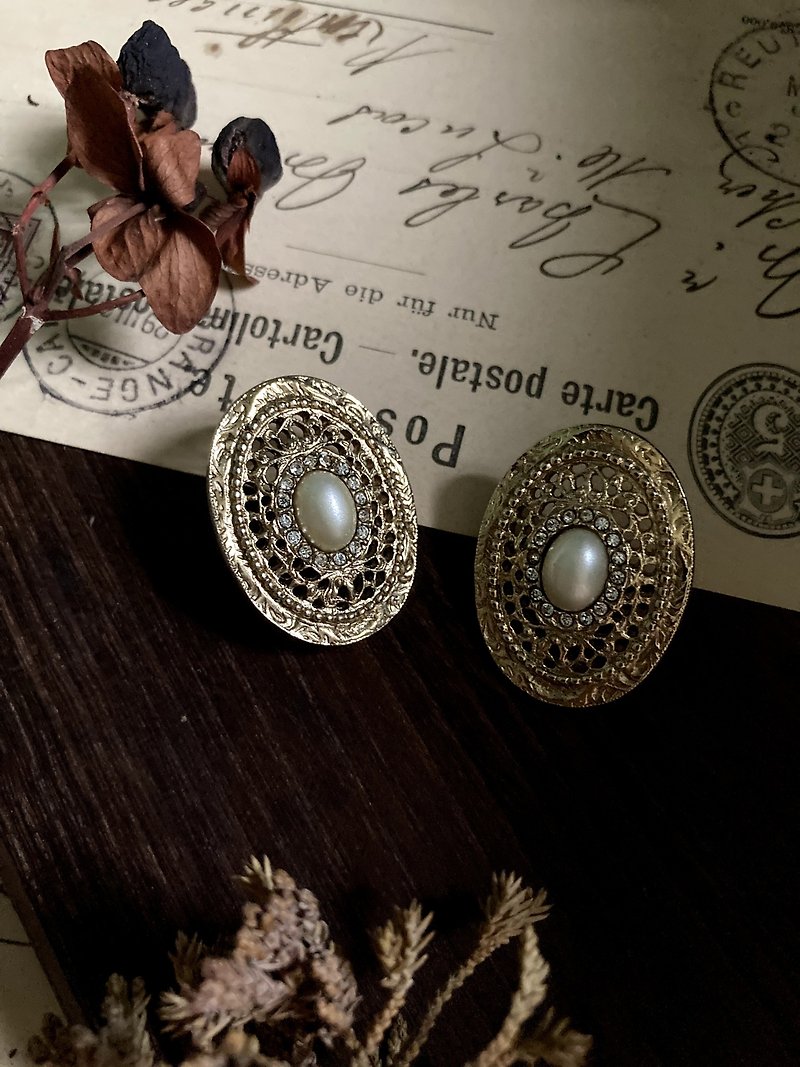 80s 法式包金花窗蕾丝掐丝珍珠耳环