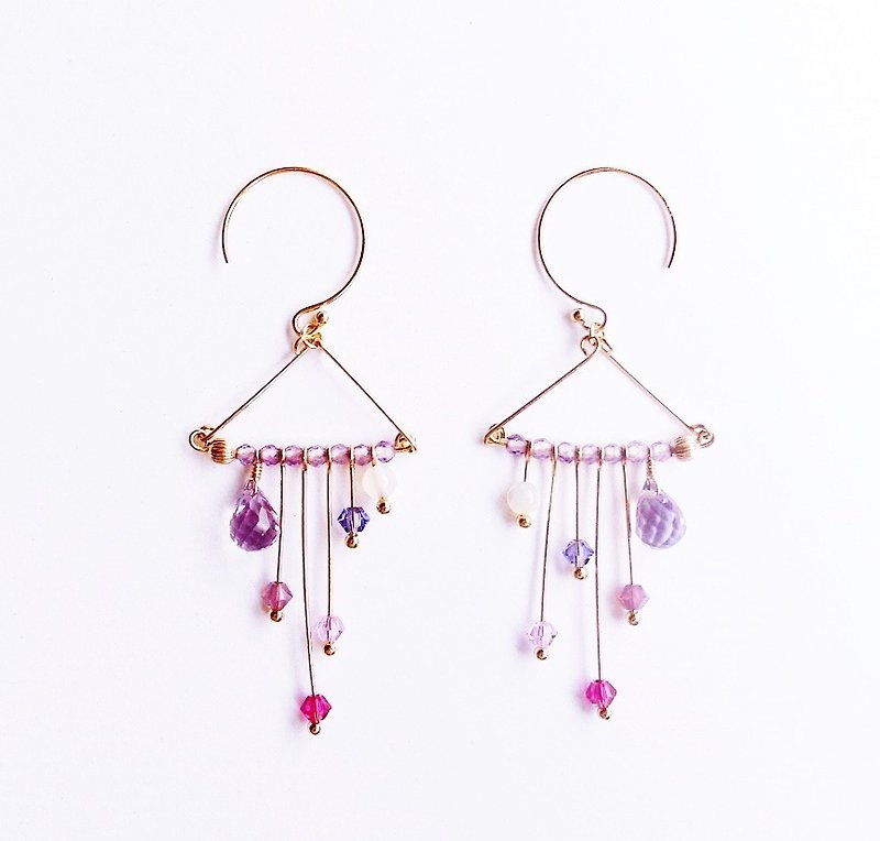 顶级晶透紫水晶 多宝石不对称14K GF 耳环 送礼 天然石 轻珠宝 - 耳环/耳夹 - 宝石 紫色