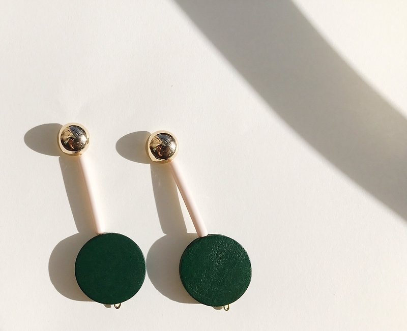 复古黄铜绿木珠耳针 - 耳环/耳夹 - 木头 绿色