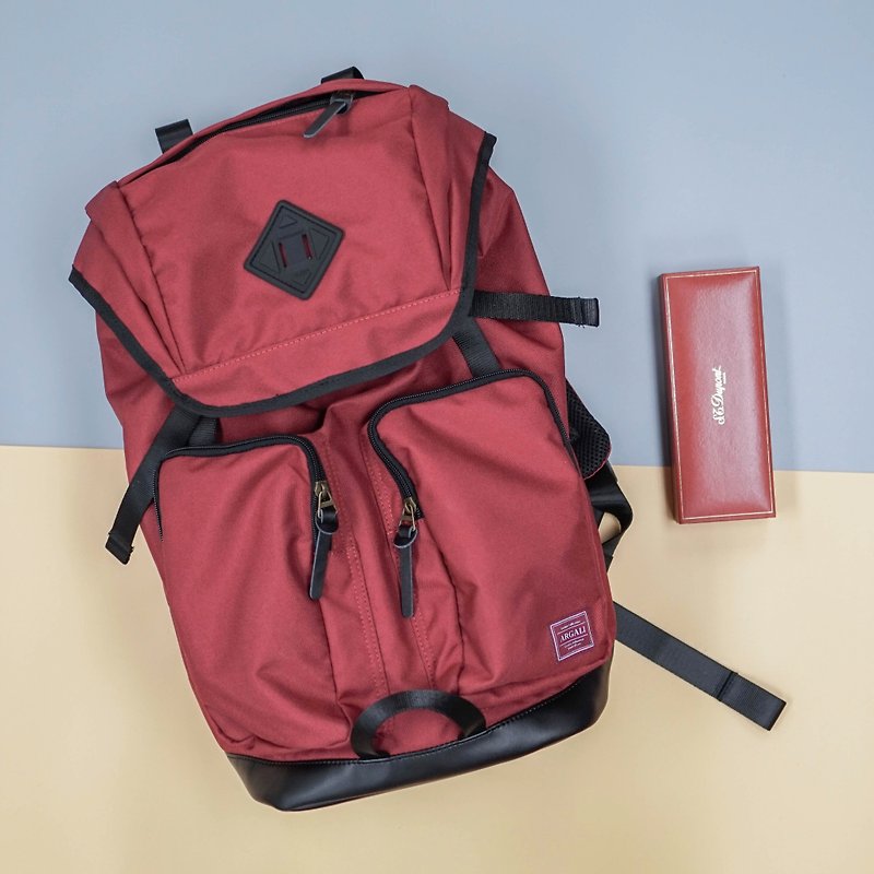 Argali 香港品牌 真皮后背包 超实用分类 束口双扣 休闲简约 Backpack 红色 - 后背包/双肩包 - 其他材质 红色
