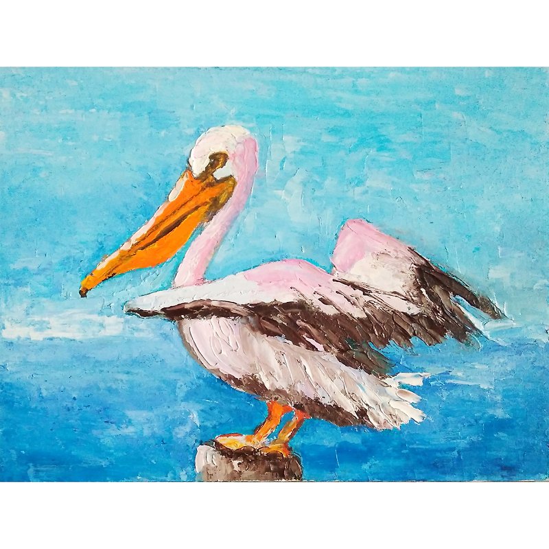 Pelican Original Painting, Bird Artwork, Animal Wall Art, Small Oil Art, 手工油畫 - 海报/装饰画/版画 - 其他材质 多色