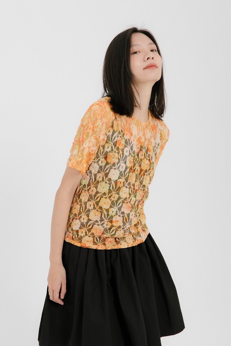 蕾丝花朵材質 立體质感 透视感 T恤 短袖上衣 - 女装 T 恤 - 聚酯纤维 橘色